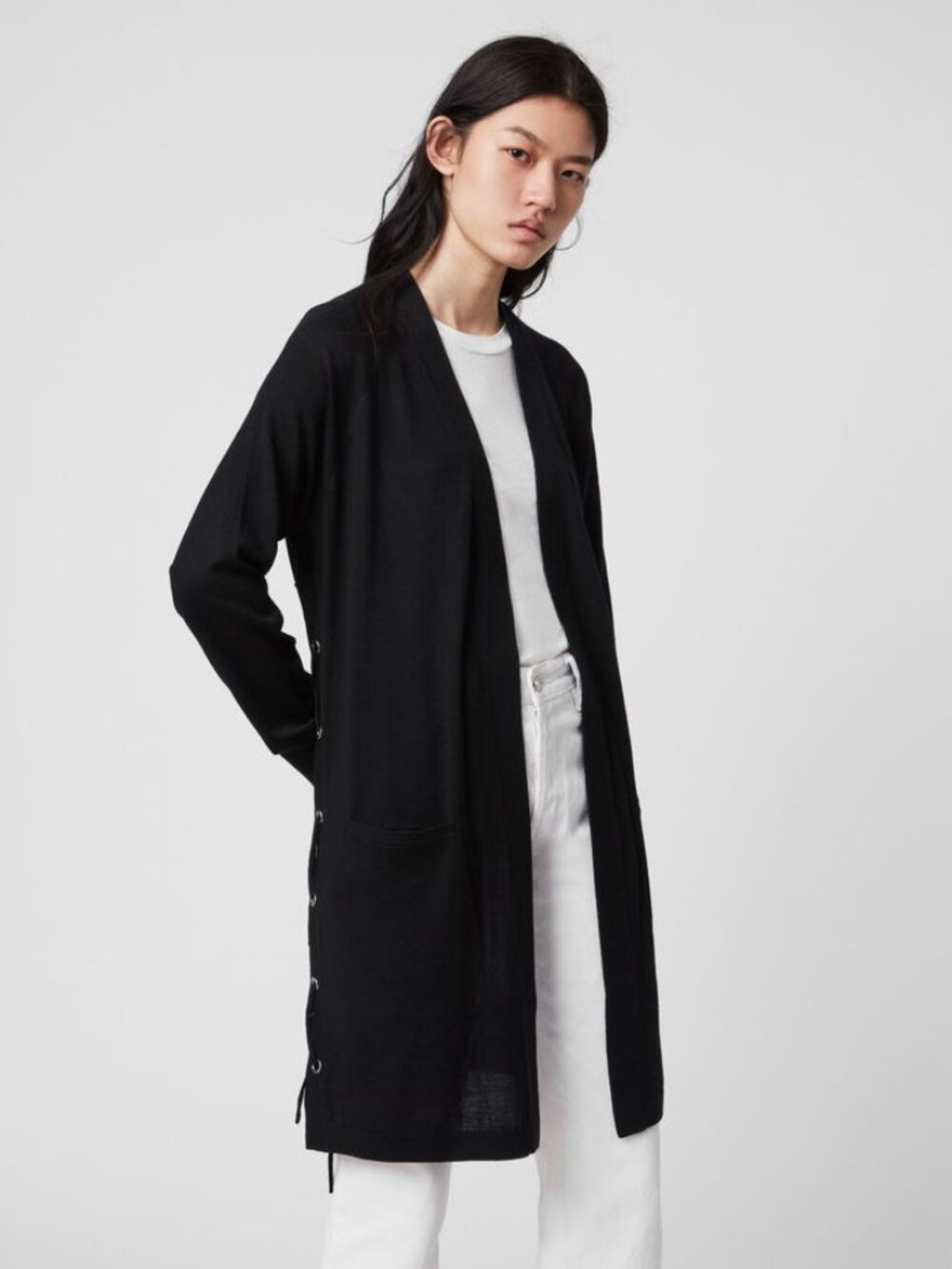 AllSaints Cross Merino Wool Cardigan in Black